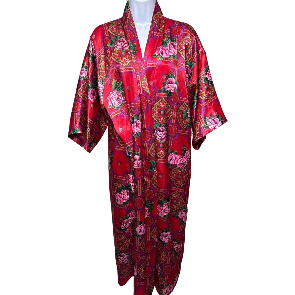 VTG 90s CALIFORNIA DYNASTY Red Floral Satin Kimono RobeSz M No Sash Regency Chic